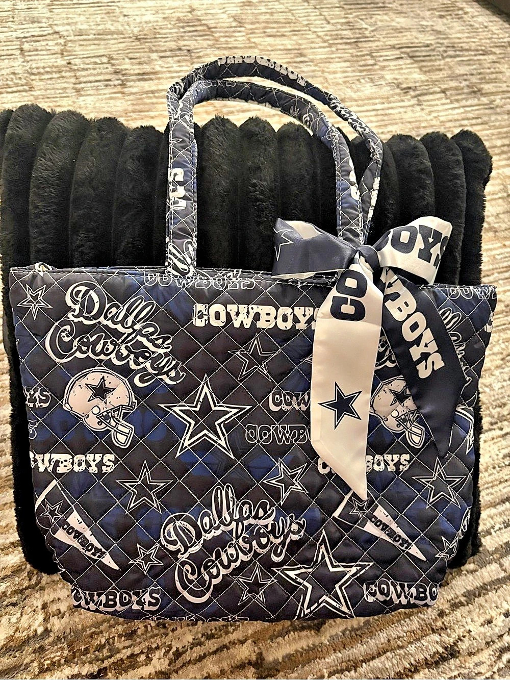 Cowboys Quilted Star Print Tote in Black & White